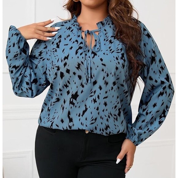 Womens Plus Size 3XL Allover Print Tie Neck Blouse Long Sleeves Dusty Blue - Picture 1 of 16